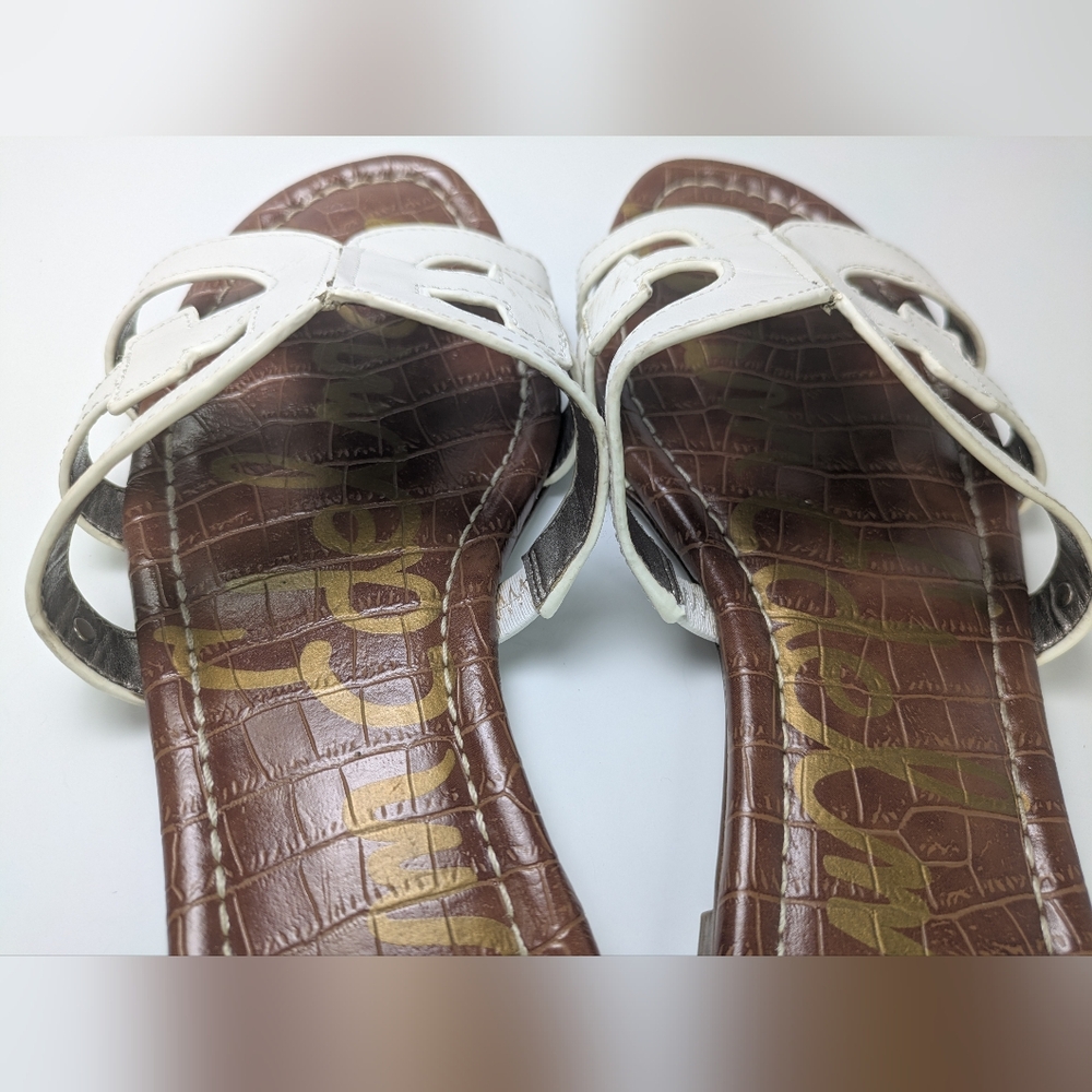 Sam Edelman White Leather Slide Sandals with Brown Footbed - Picture 15 of 16